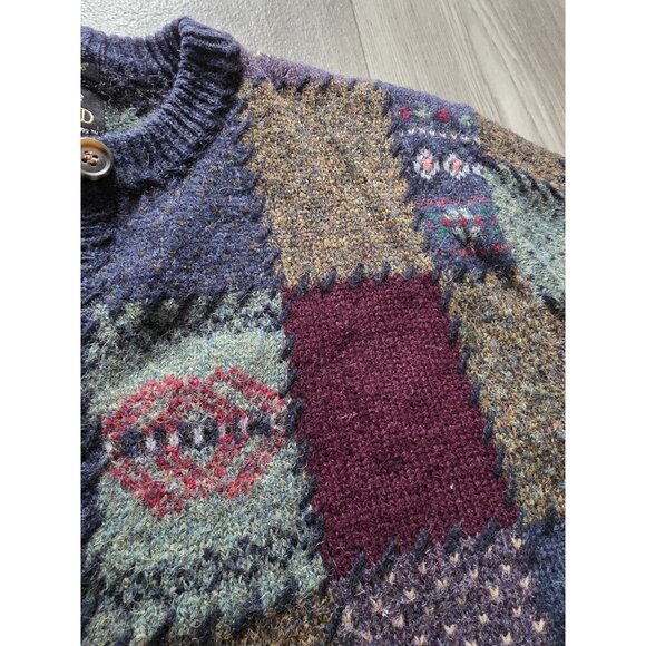 Vtg Eddie Bauer Deer Bay Blue Wool Multi-Color Patchwork Cardigan Sweater M - Picture 5 of 8